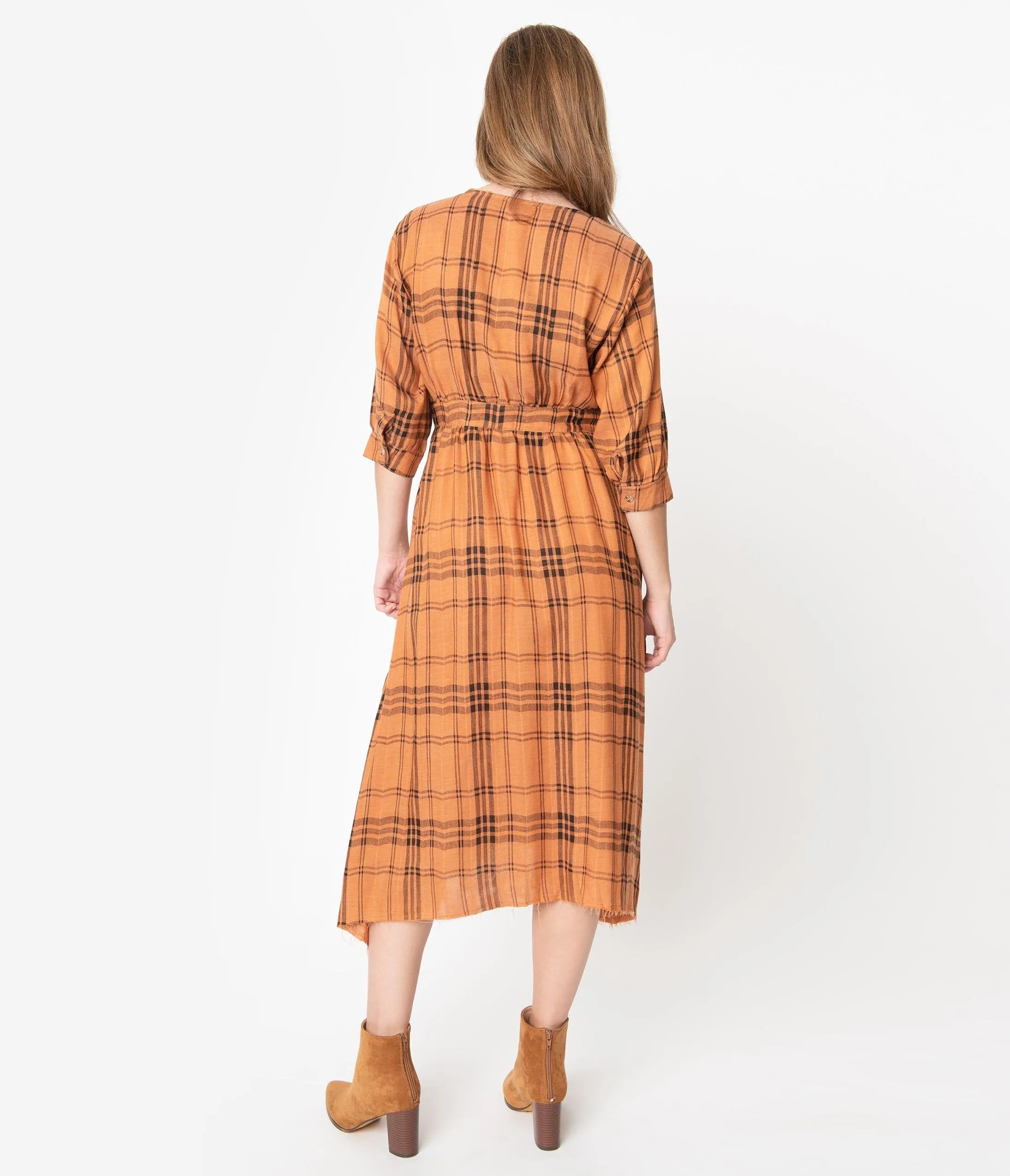 1930s Style Orange & Black Plaid Cotton Sleeved Shirtdress