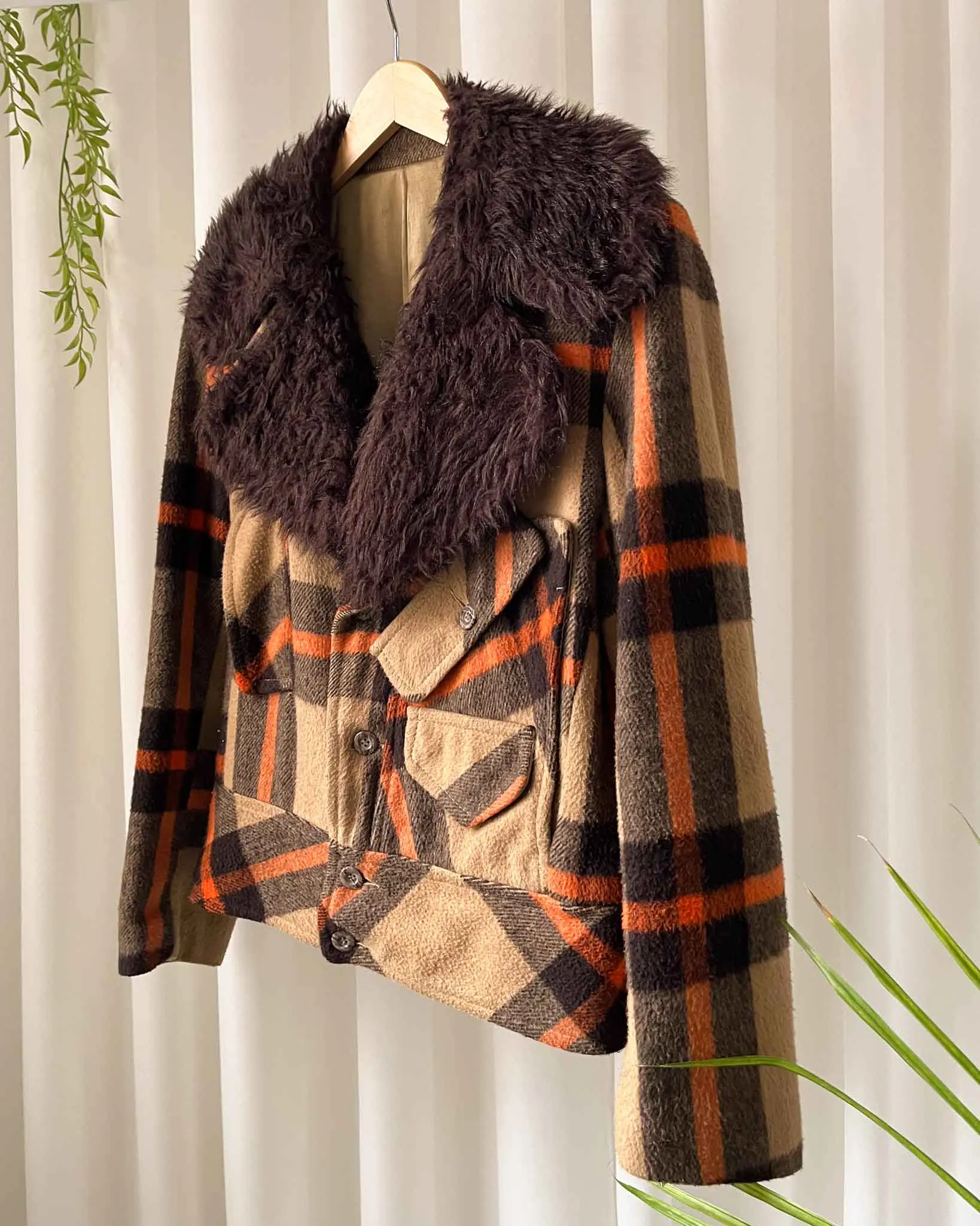 60s Plaid Faux Fur Jacket | M