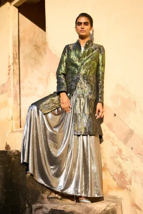 Brocade Jacket and Fit & Flare Silver Skirt