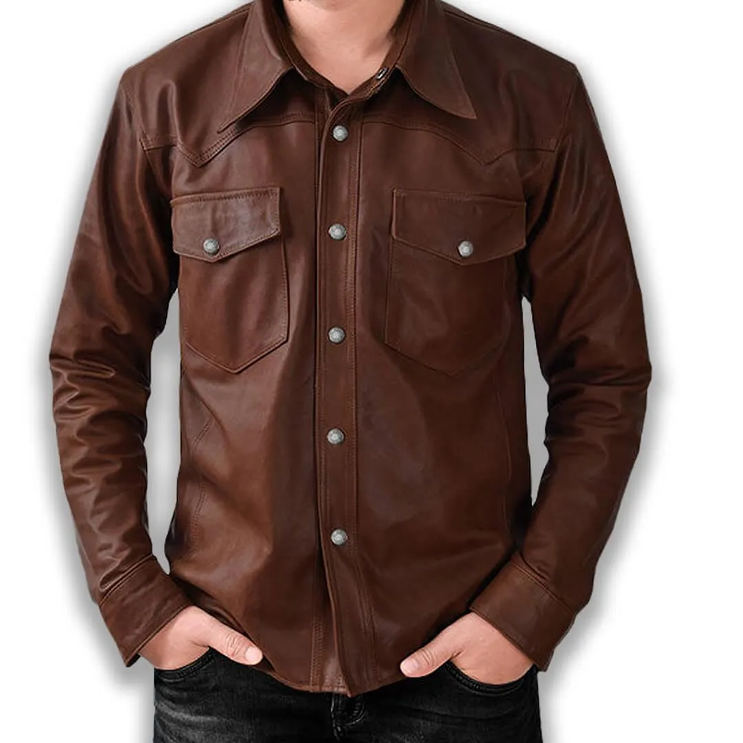 Brown Leather Shirt Men's