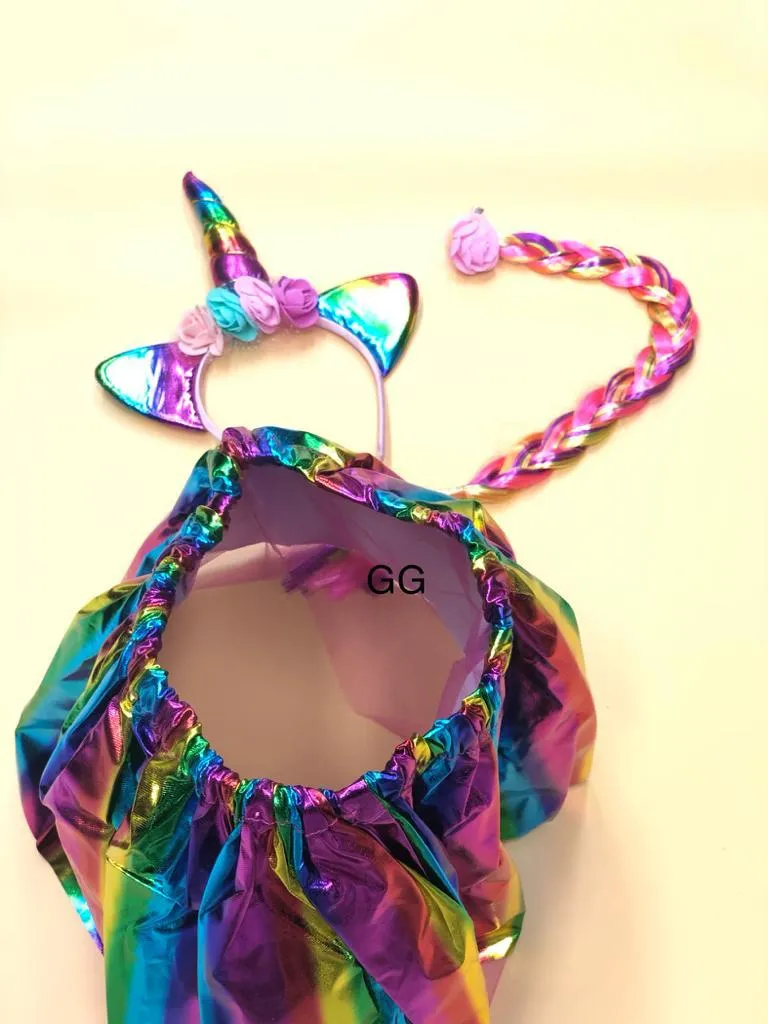 FancyDressWale Unicorn Dress Rainbow Skirt with Braid and Head Band (Free Size 3-7 Years)