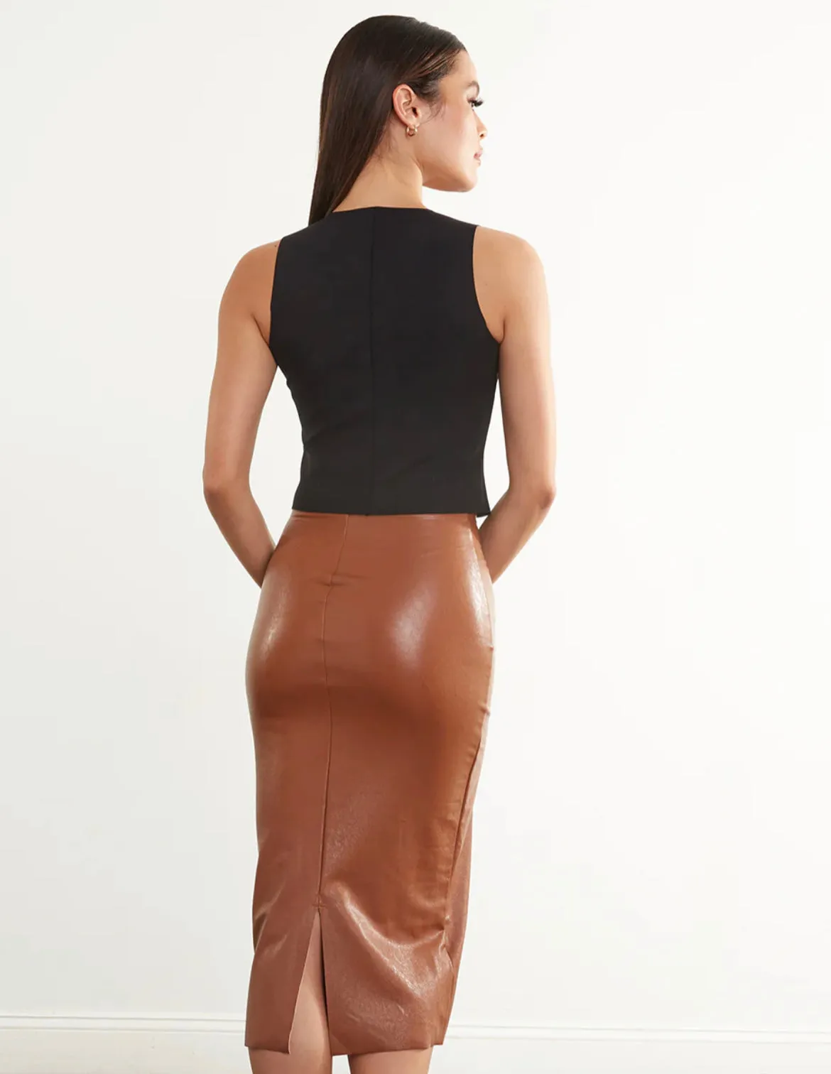 Faux Leather Midi Skirt in Cocoa