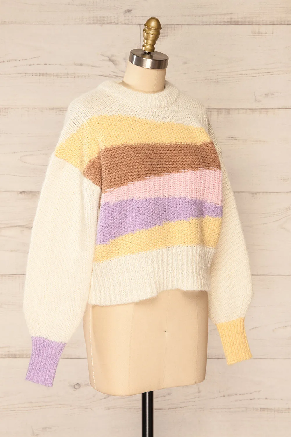 Mogilno Ivory | Asymetrical Striped Pattern Knit Sweater