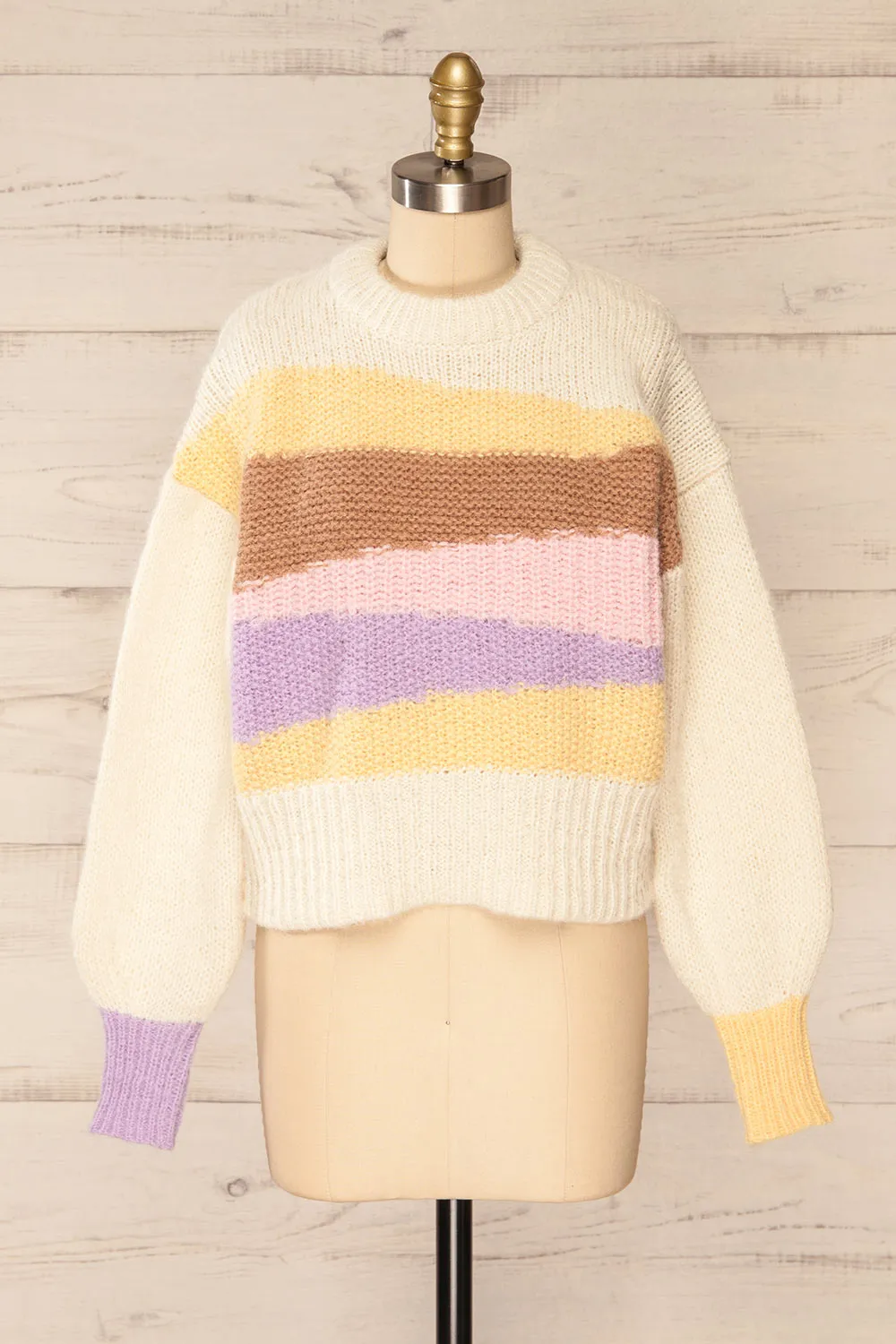 Mogilno Ivory | Asymetrical Striped Pattern Knit Sweater