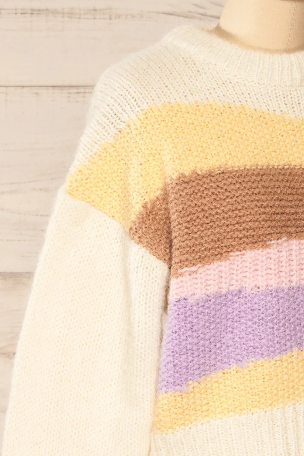 Mogilno Ivory | Asymetrical Striped Pattern Knit Sweater