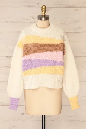 Mogilno Ivory | Asymetrical Striped Pattern Knit Sweater