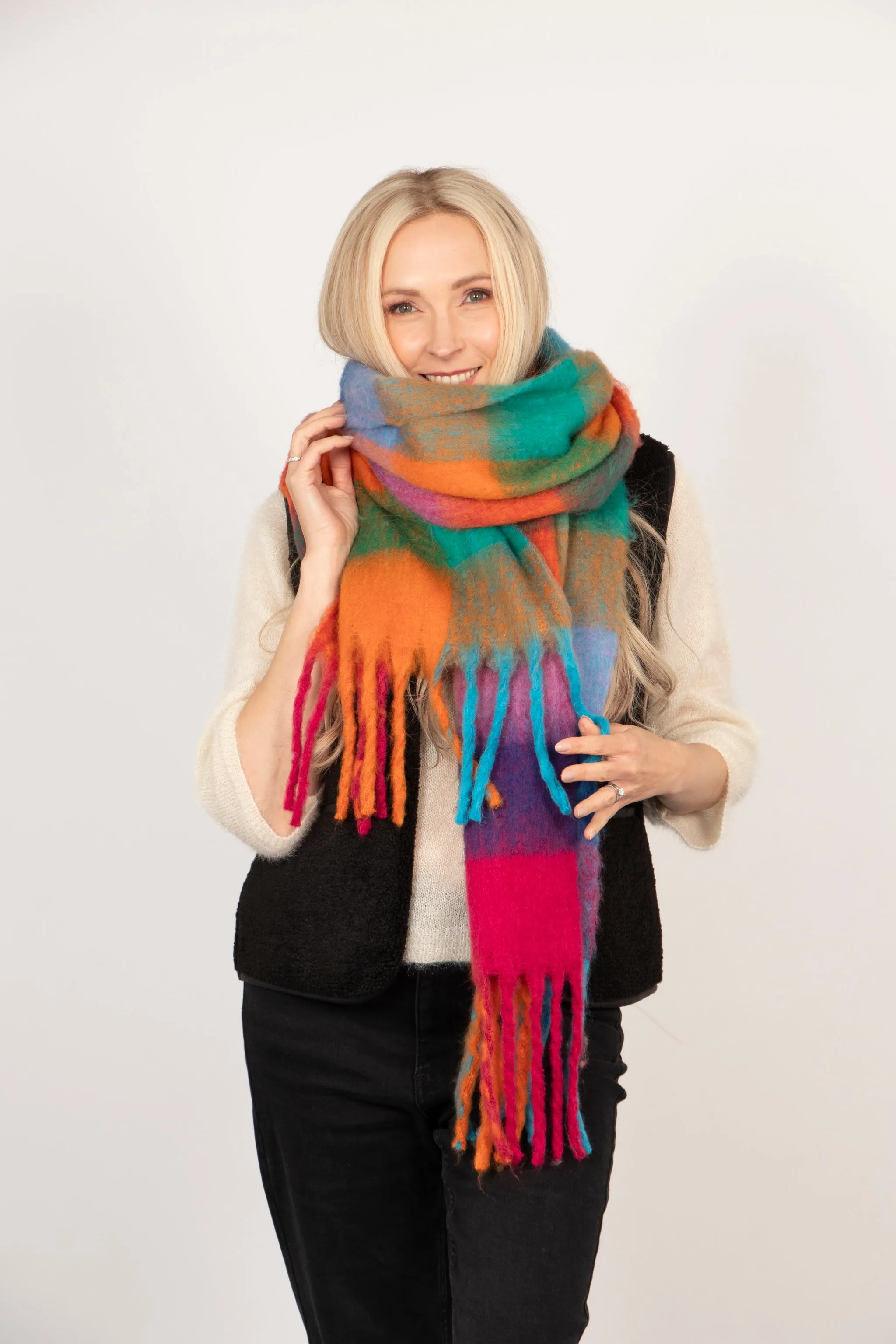 Sara Heavyweight Scarf - Blue/Orange, Check