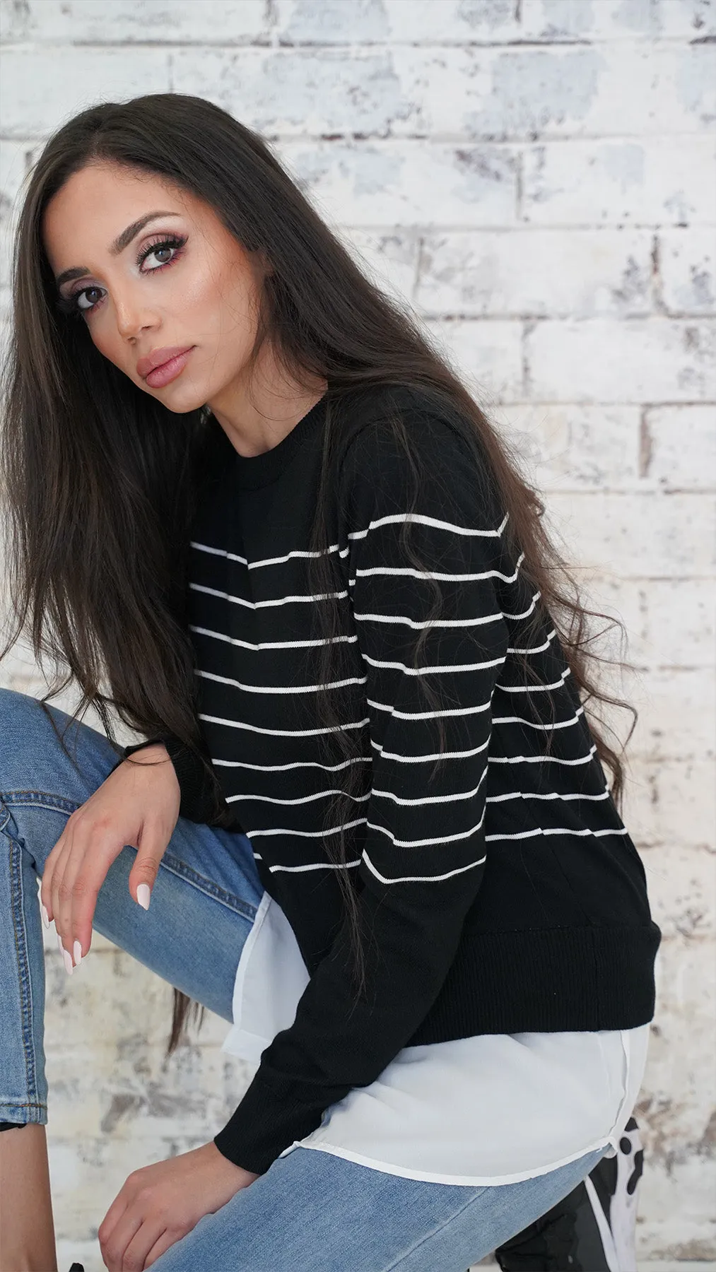 Stripe Knit Chiffon Shirt Jumper