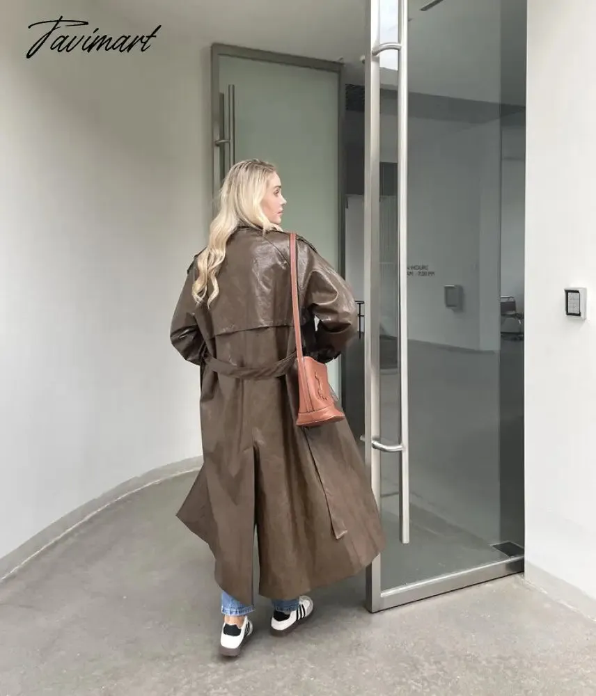 Tavimart Autumn New design Runway Designer Leather Maxi Long Trench Coat With Belt Chic Female PU Windbreaker Classic