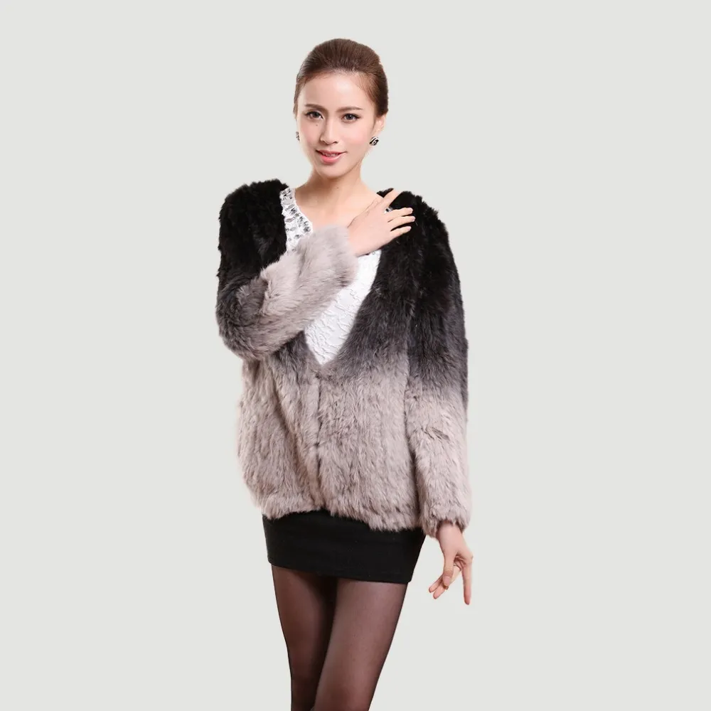 Women's Rabbit Fur Coat Knitted Gradient Color Natural  Fur Coat Female