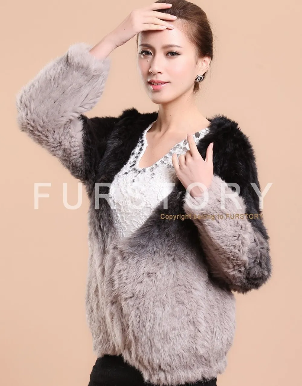 Women's Rabbit Fur Coat Knitted Gradient Color Natural  Fur Coat Female
