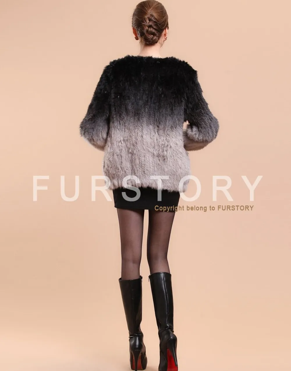 Women's Rabbit Fur Coat Knitted Gradient Color Natural  Fur Coat Female