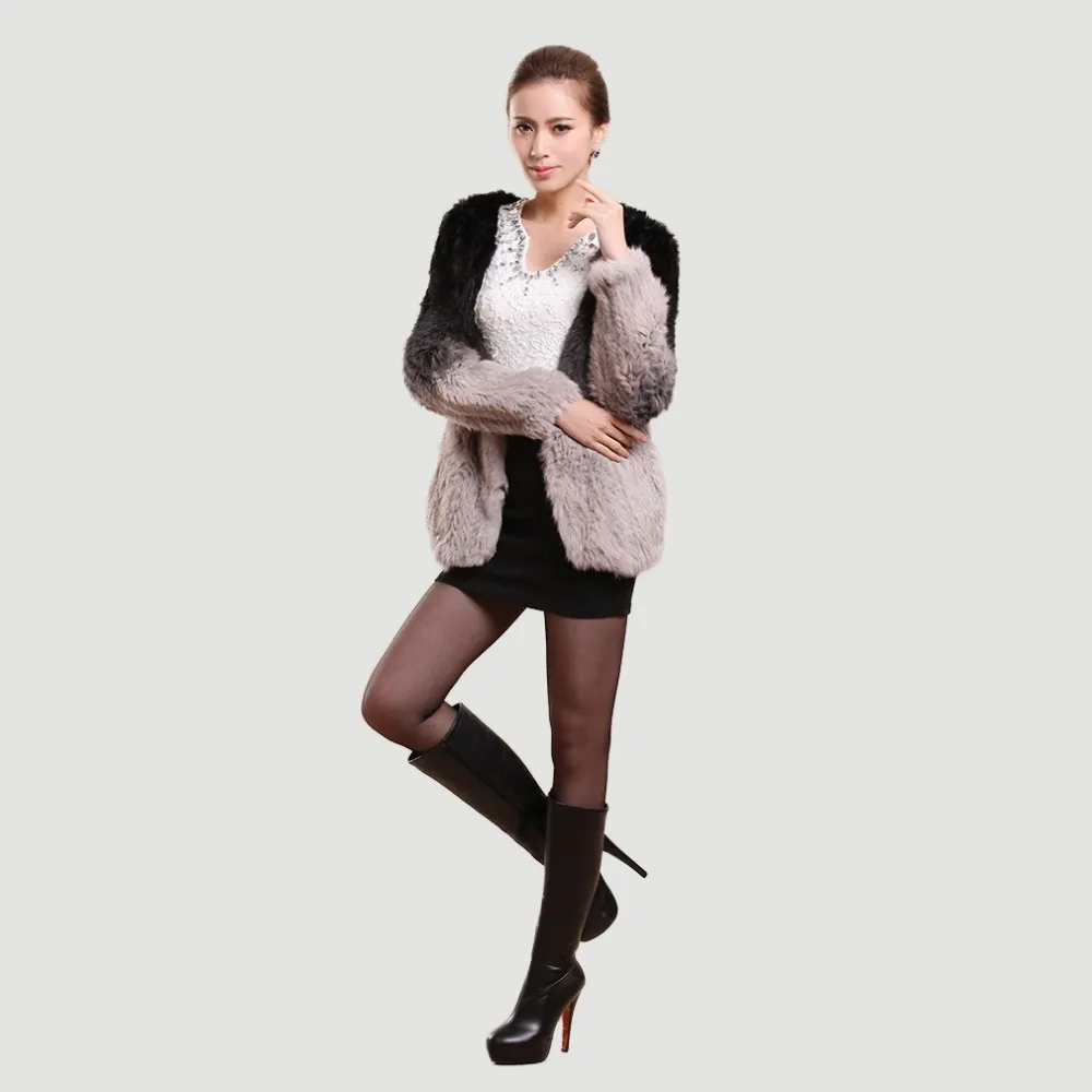 Women's Rabbit Fur Coat Knitted Gradient Color Natural  Fur Coat Female