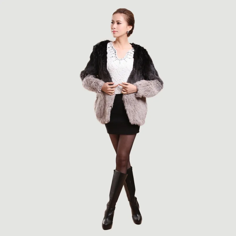 Women's Rabbit Fur Coat Knitted Gradient Color Natural  Fur Coat Female
