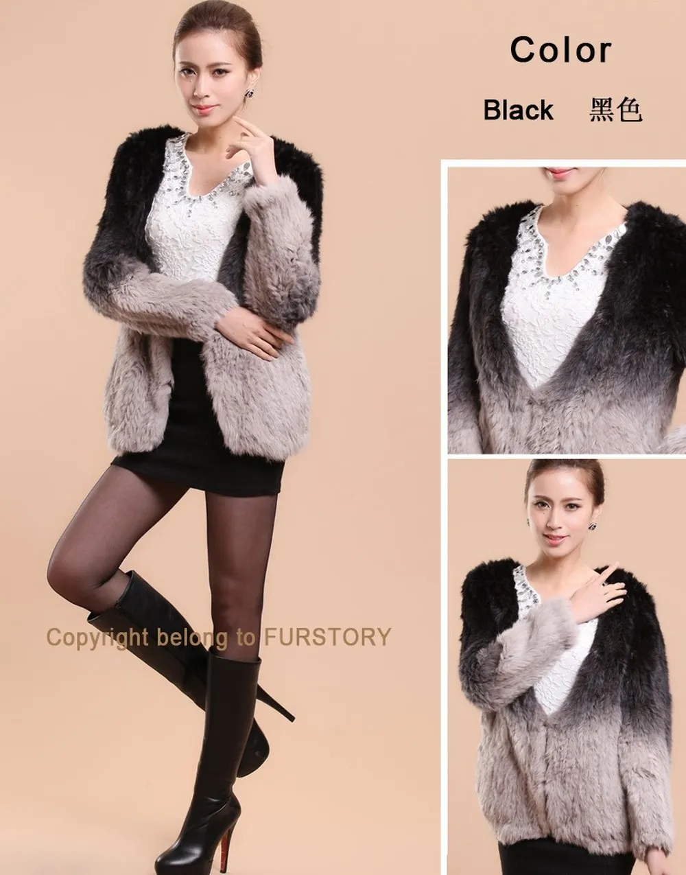 Women's Rabbit Fur Coat Knitted Gradient Color Natural  Fur Coat Female
