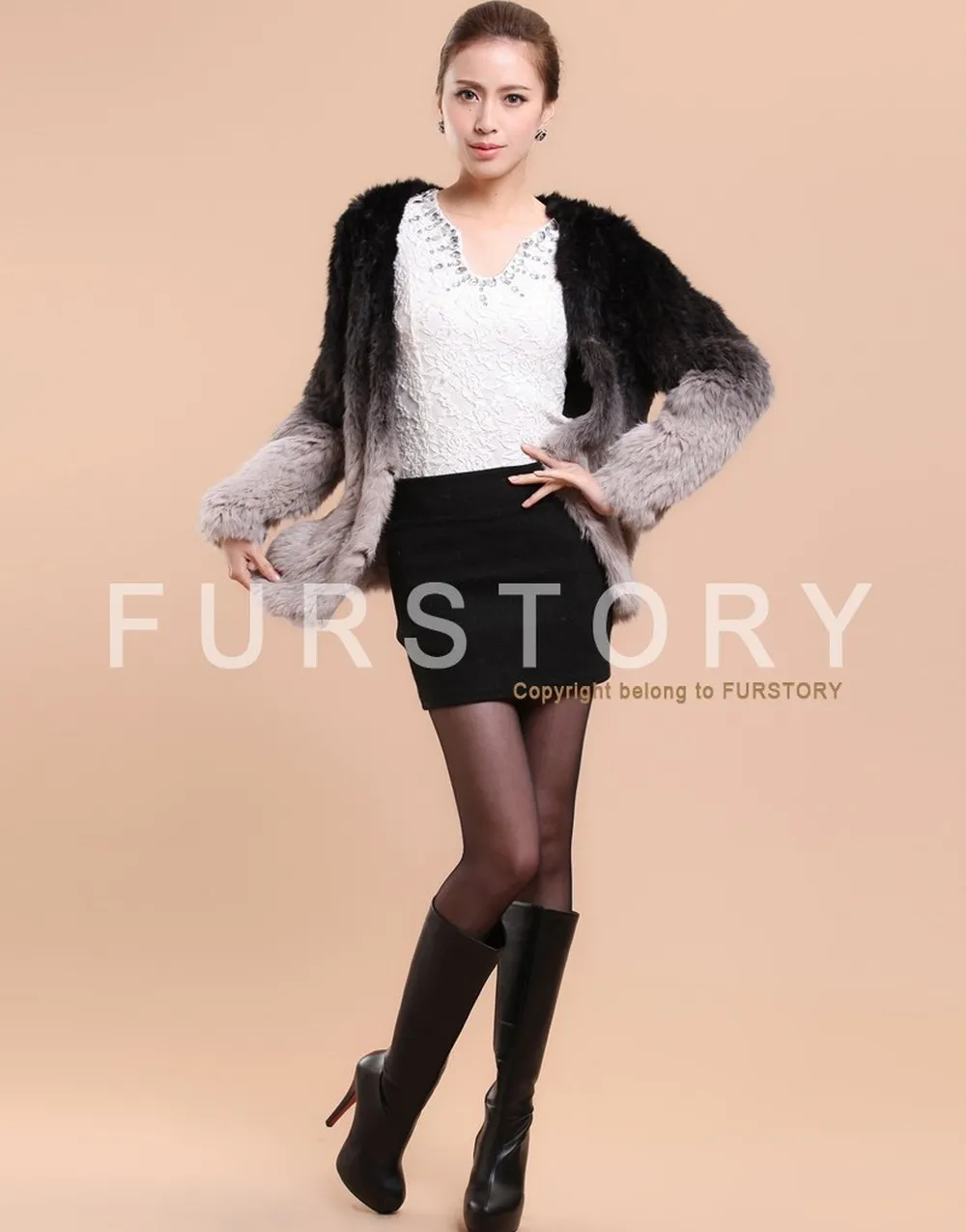 Women's Rabbit Fur Coat Knitted Gradient Color Natural  Fur Coat Female
