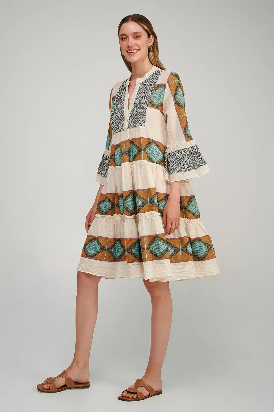 Zakar Midi Dress in Tan/Aqua/Black